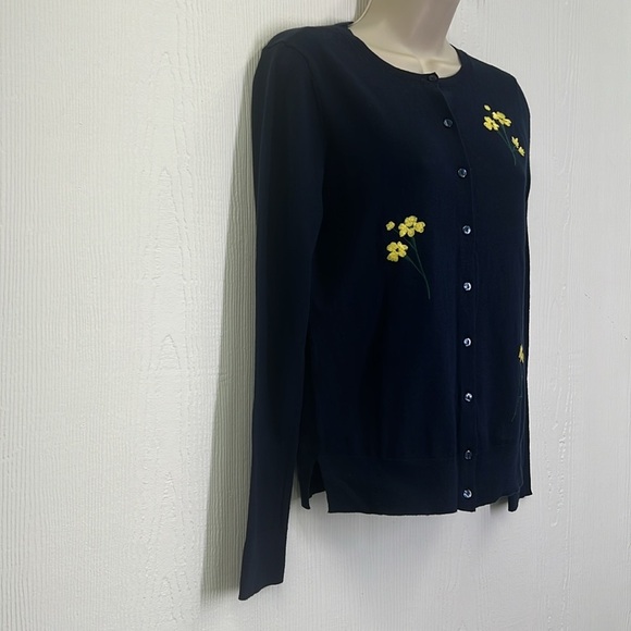 Loft - NWT Navy Embroidered Yellow Flowers Button Down Lightweight Cardigan XS - Picture 2 of 11